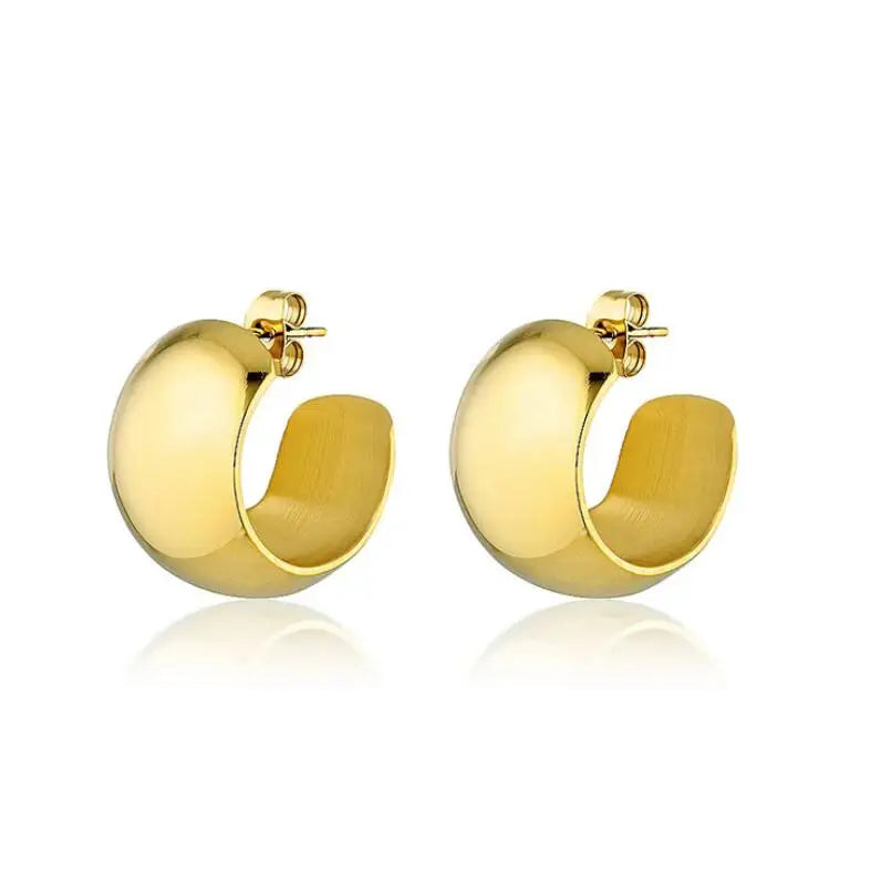 18k Gold Plated Classic Steel Jewelry Chunky Plain Wide Stud C Design Thick Gold Dome Hoops Curved Hoop Earrings for Women