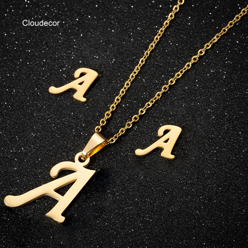Women's Stainless Steel Initial Letter Jewelry Set-Earrings and Necklace Accessory for Weddings Made in China