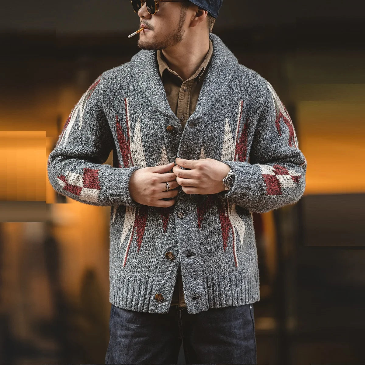 Men Autumn Fashion Dark Grey Vintage Jacquard Long Sleeves Single Buttons Shawl Collar Fitting Winter Cardigan Jacket