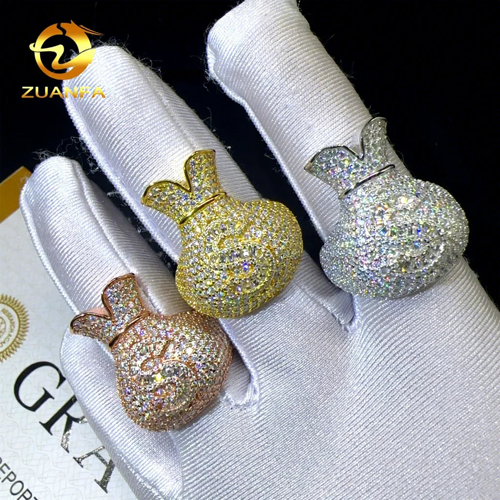New Arrivals Buss Down Pass Diamond Tester 925 Sterling Silver VVS Moissanite Diamond Hip Hop Iced Out Money Bag Logo Ring Men