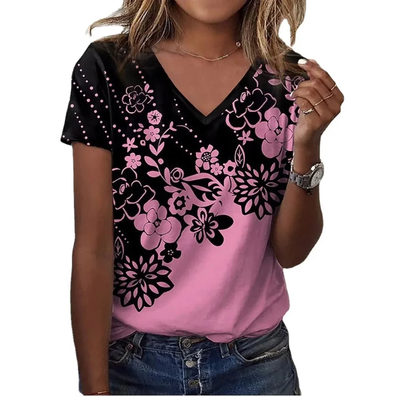 Fitspi Spring Summer Wholesale Independent Station Wish Women's Flower Print V Collar Short Sleeve Printing T-Shirt