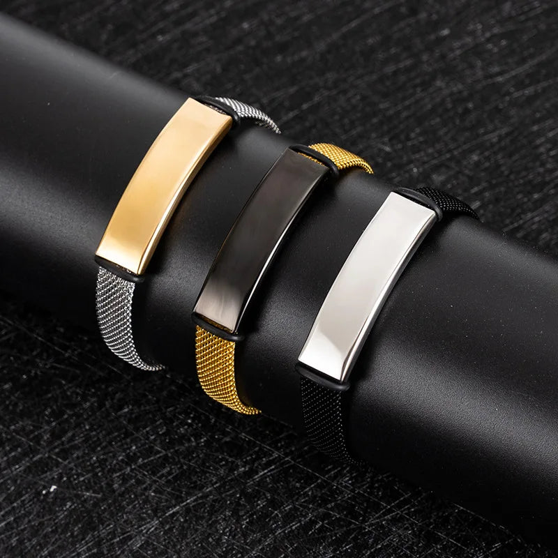 Personalized Stainless Steel Custom Engraving Watch Band Stretch Mesh Bracelet for Couples