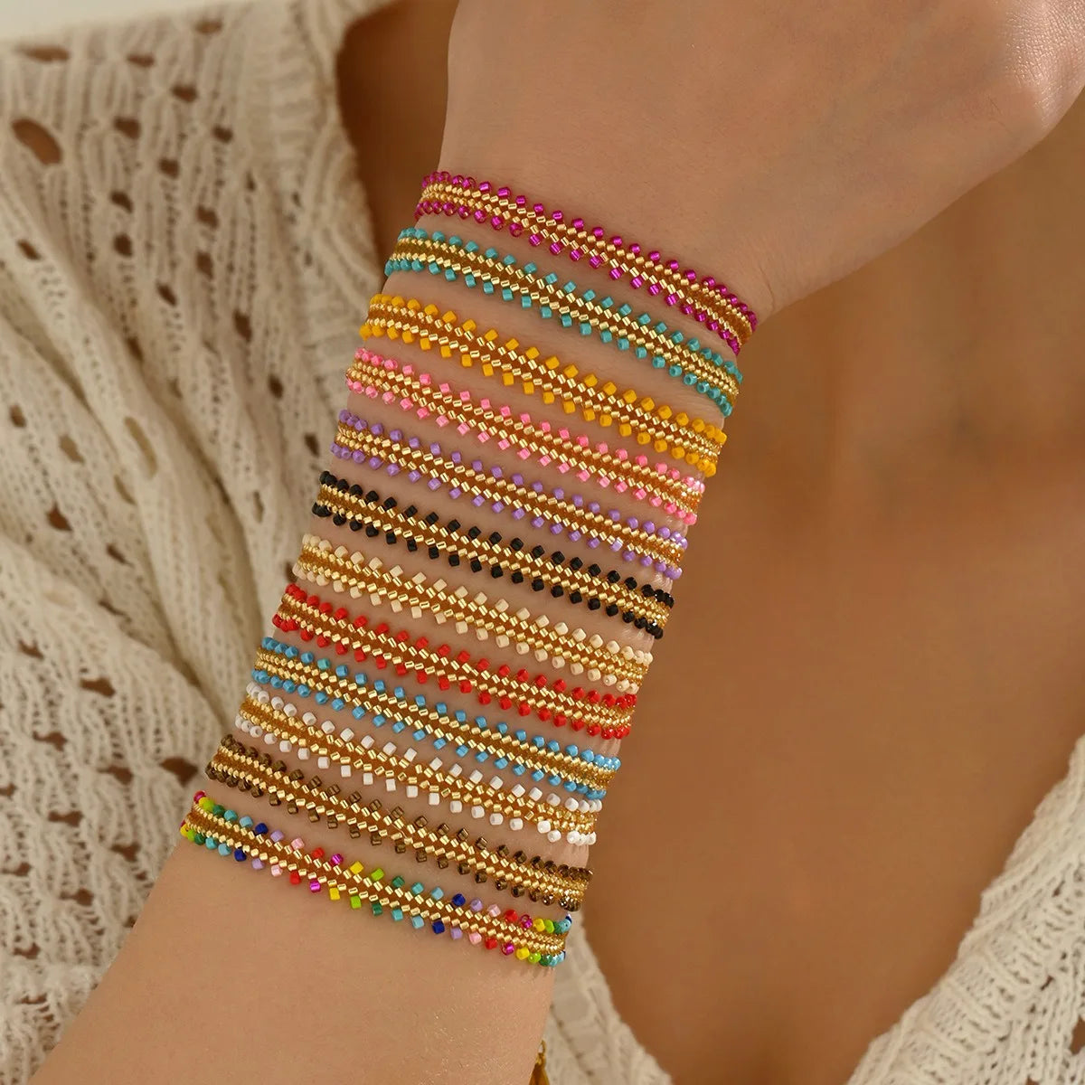In Stock Hot Selling Minimalist Hand-Woven Miyuki Rainbow Flower Bead Bracelets Adjustable Bracelet for Women Summer Beach
