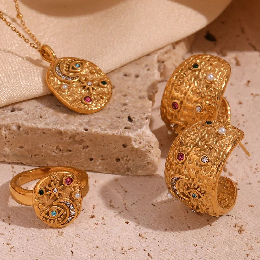 Colorful Crystal Rhinestone Jewelry Moon Star Eye Pendant Necklaces Gold Plated Stainless Steel Jewelry