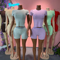 XS Custom Blank Ribbed Two Piece Set 2026  Women Jogger Outfit Short Sleeve Top and Biker Shorts Sets for Women