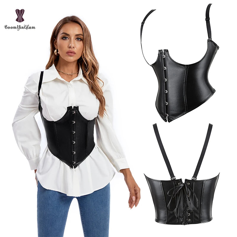 Thin Removable Strap Synthetic Leather Underbust Corset Top 12.6" Black Chest Binder Bustier With 6 Brooches