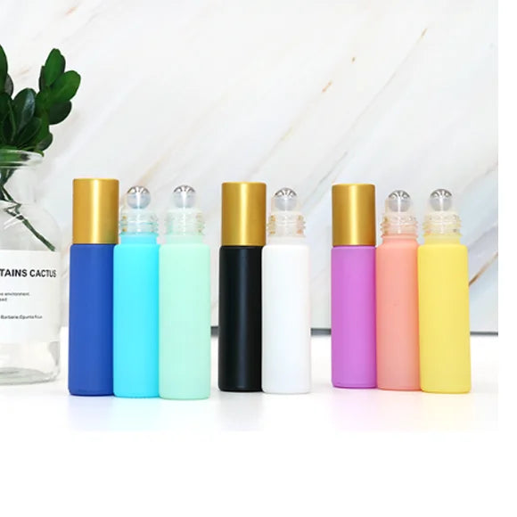 Macaron Series 10ml Roll-on Glass Bottle with Matte Gold Screw Cap and Metal Roller for Essential Oils