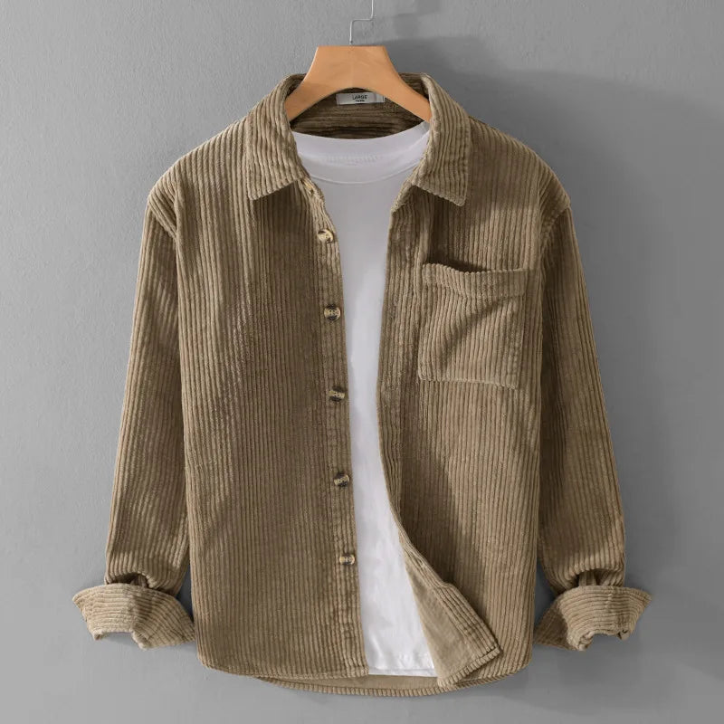 RNSHANGER Spring Mens Corduroy Shirt Casual Long Sleeve Cotton Shirts Simple New Youth Men's Vintage Clothes Solid Color Shirt