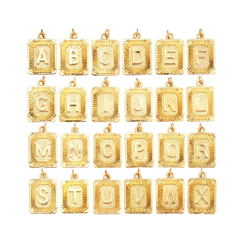 Hip Hop Style Rectangle 18K Gold Plated Initial Name A-Z Letter Charm Pendant NecklaceTrendy Jewelry Findings for Women Men L82