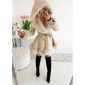 Liu Ming Women's Casual Fall Winter Trench Coat Wool Polyester Lining Oversized Leather Jacket Fur Hood Pattern