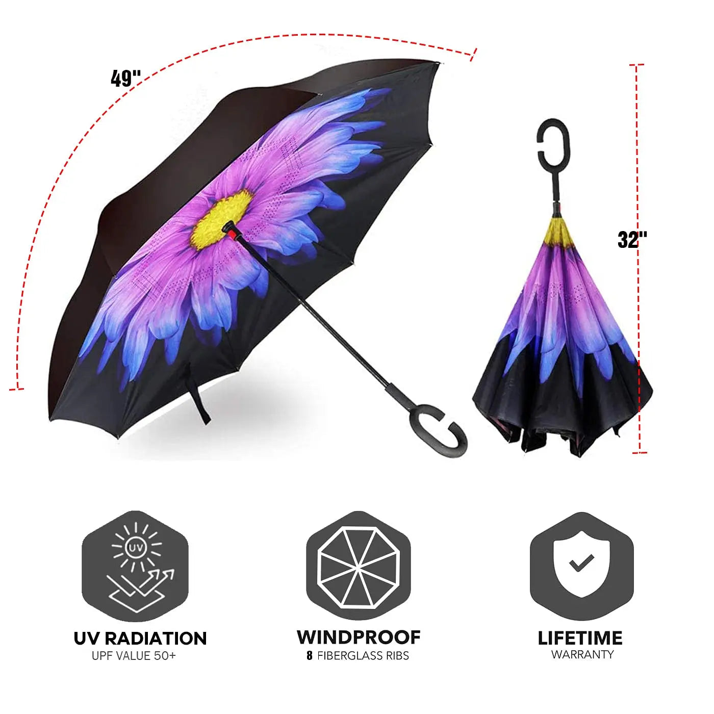 Hot Sale Double Layer Windproof C-shaped Handle Umbrella Inverted Reverse Anti-UV Waterproof Manual Control Upside Upside Design
