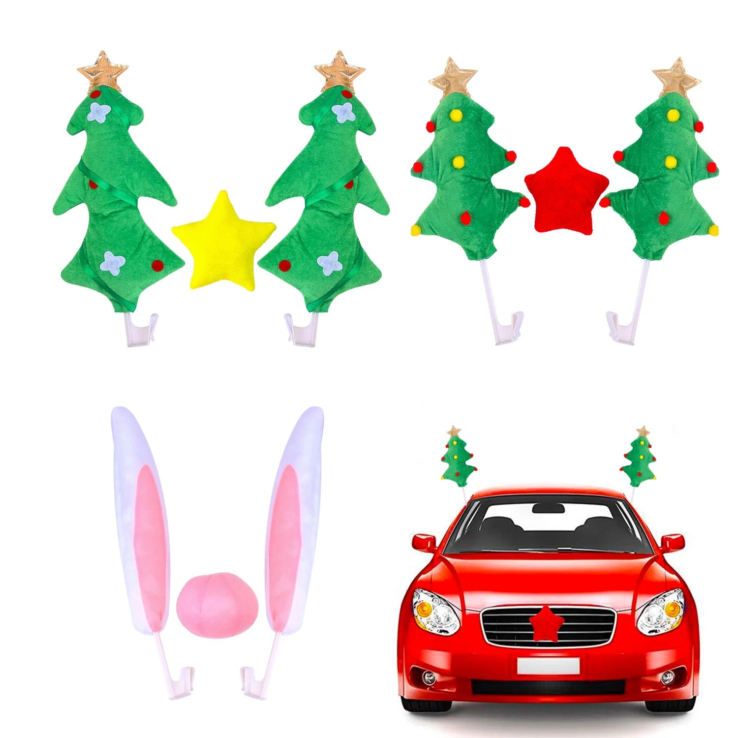 Green Christmas Tree Styling Car Decor Toy Reindeer Ear Nose Horn Costume Set Green Christmas Tree Vehicle Xmas Decor