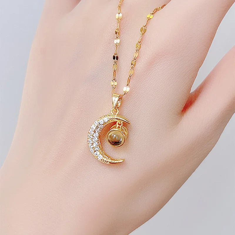 Elegance Trendy 18k Gold Plated Micro Pave Cz Moon Necklaces Crystal Moon Natural Stone Pendant Necklace