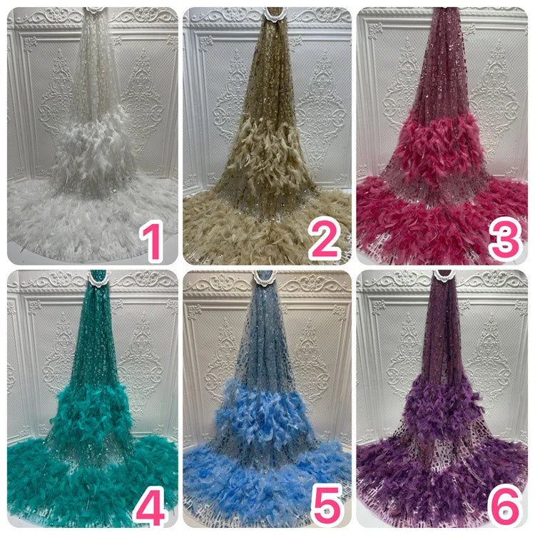Wholesale Handmade Feather Evening Dress Sprinkled with Gold Powder Mesh Wedding Dress Fabric