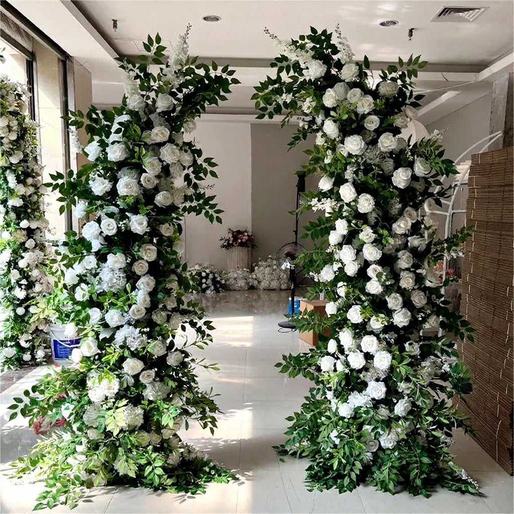Artificial Greenery White Rose Floral Arches Arrangement Decor Moon Shape Horn Flowers Arch for Wedding Backdrop Flower Stand MegaBDM
