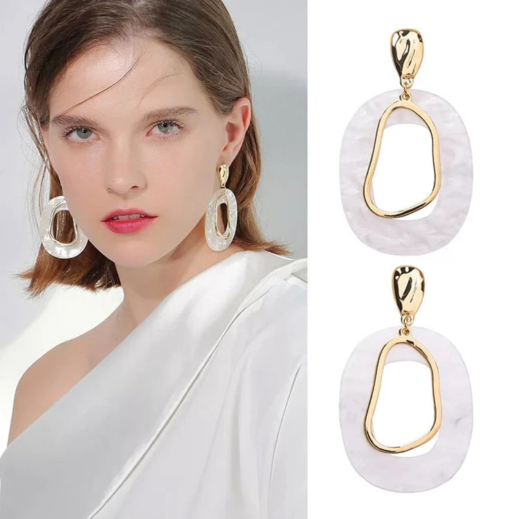 Boho Trendy Girls Gold Irregular Metal White Resin Geometric Jewelry Oval Drop Acetate Acrylic Earrings for Women