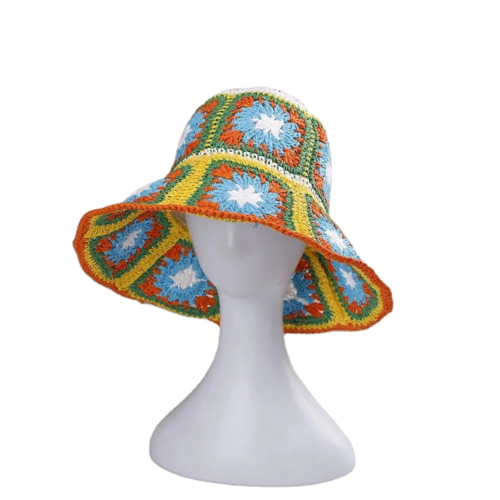 BOHO Style Womens Straw Hats Handmade Crochet Bucket Hat UV Protection Beach Sun Cap Ladies Summer Sun Wide-brim Cap Stock