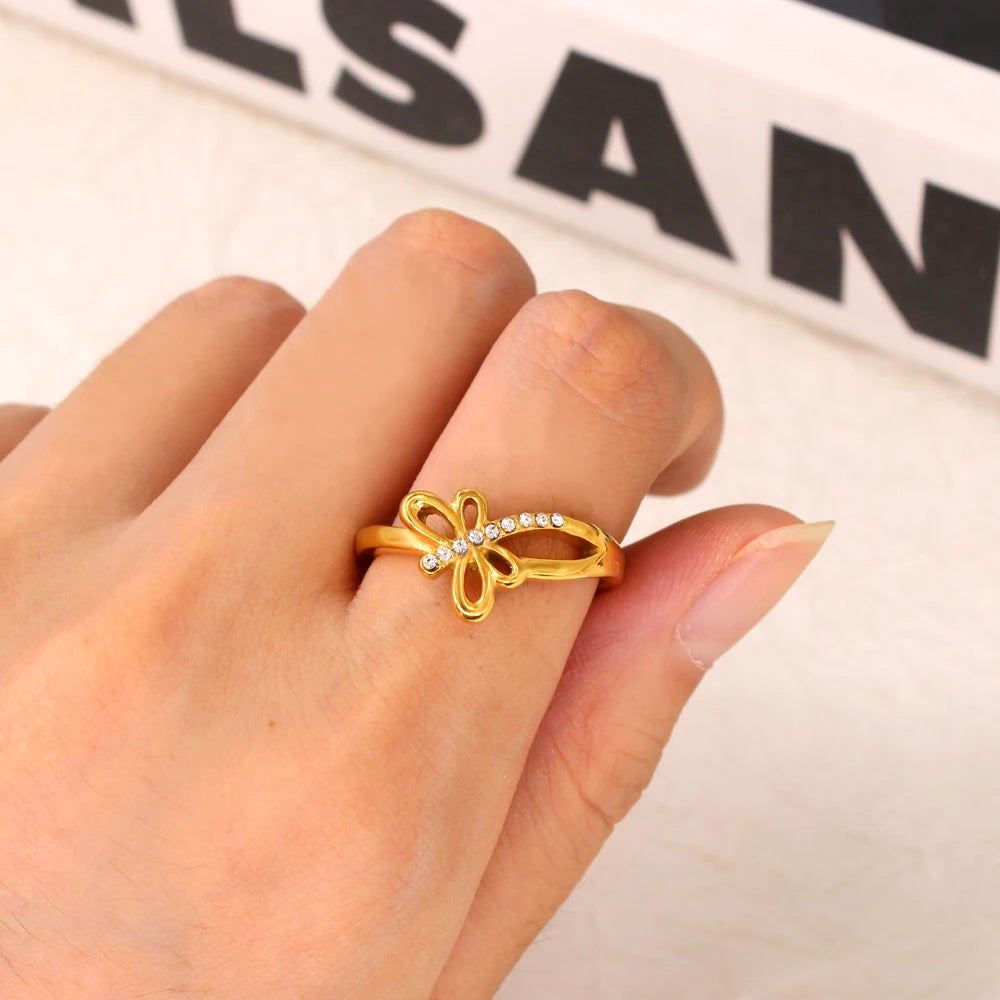 Stainless Steel Stylish Dragonfly Ring Elegant Women's 3A Cubic Zirconia Inlaid Finger Jewelry Real Gold Plated