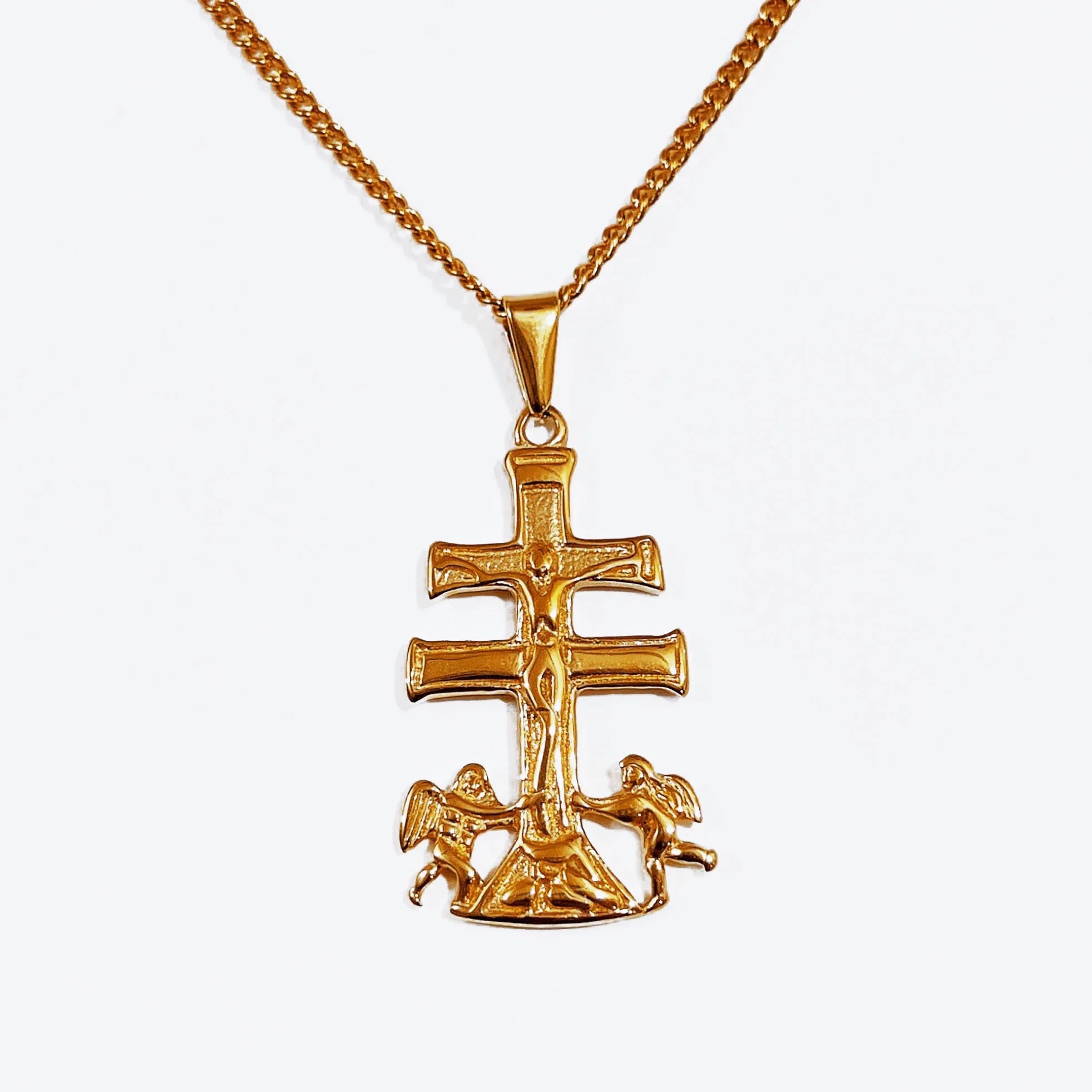 35mm Cross Jewelry 316L Stainless Steel 18k Real Gold Religious Caravaca Crucifix Cross Charm Pendant with Cherub Angel Necklace
