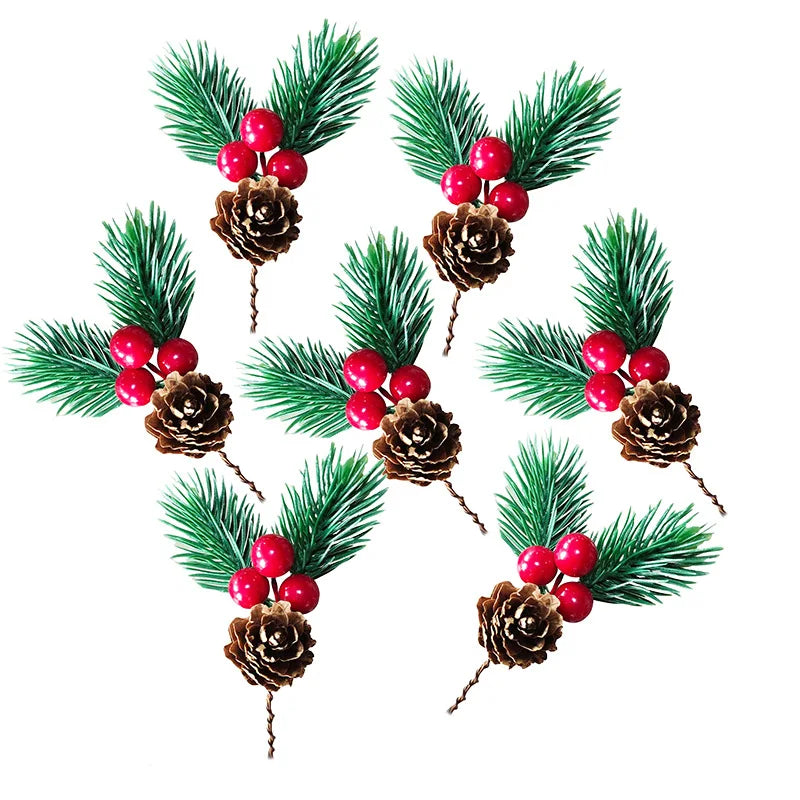 S40 DIY Ornaments for Winter Holidays Artificial Red Berries Picks and Pine Needles Branches PVC Christmas Decorations