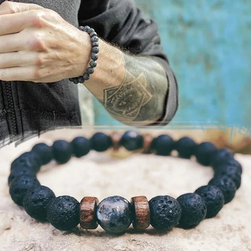 Handmade Natural Healing Gemstone Black lava Rock and Black Onyx Stone Healing Bracelet Elastic Cord Men Jewelry Bracelets