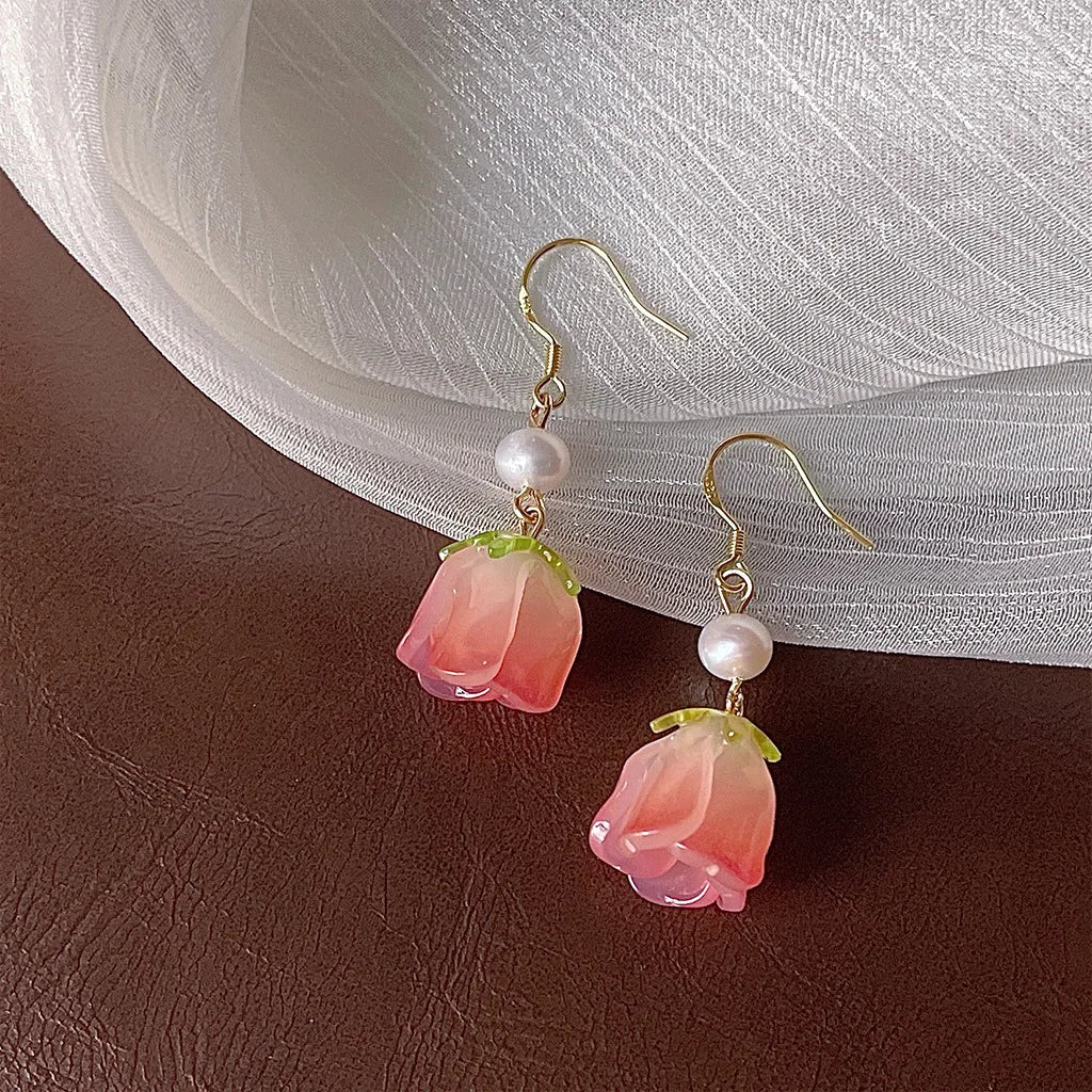Handmade Super Fairy Earrings Forest Rose Freshwater Pearls Fresh and Sweet Trendy Floral Design for Women