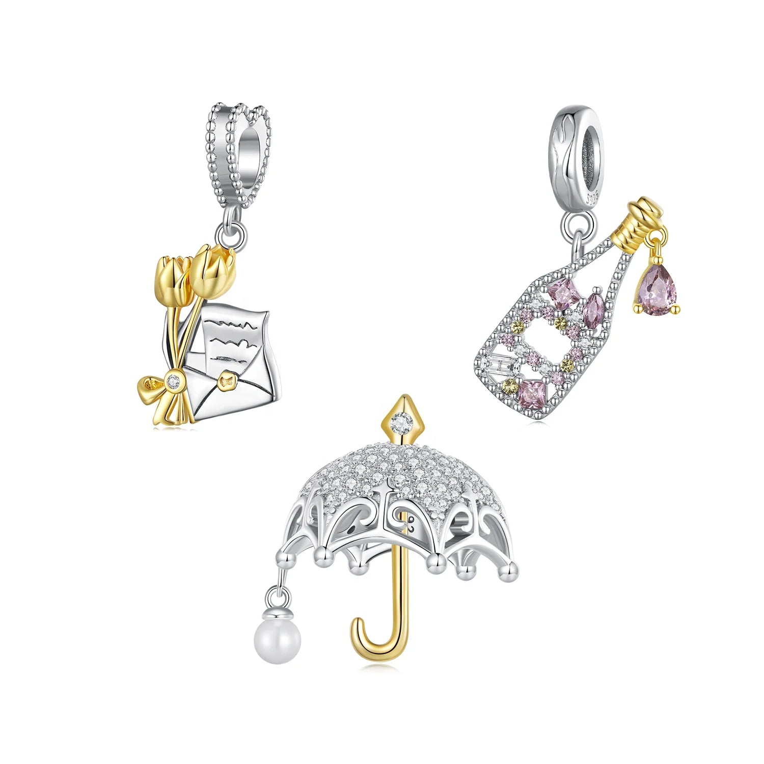 925 Sterling Silver Romantic French champagne Charms Umbrella Pendant 18K Gold Two-Tone Beads Fit DIY Woman Bracelet Necklaces
