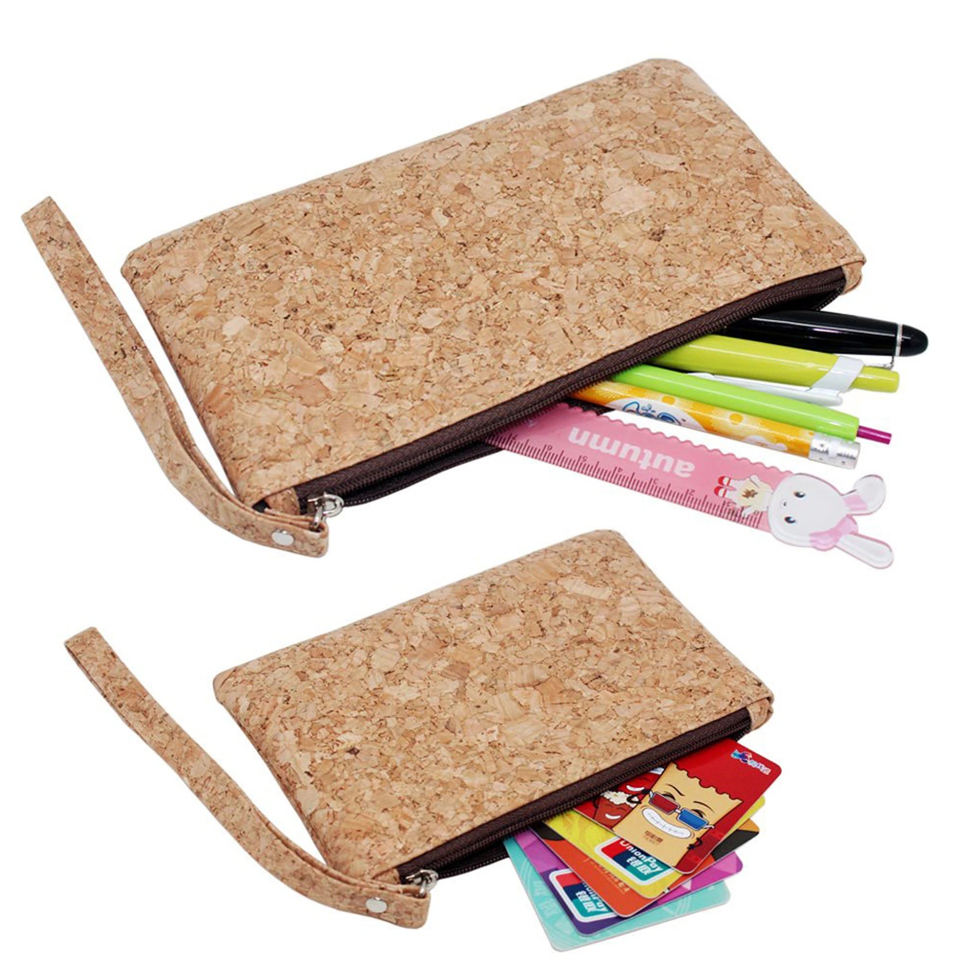 Company Logo Custom Print Eco Friendly Natural Cork Fabric Zipper Pouch with Wrist Strap OEM Pencil Coins Keys Cards Clutch Bag