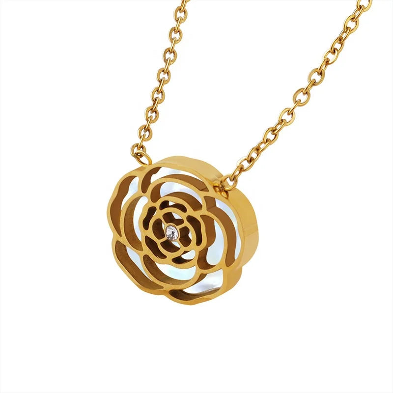 Luxury Stainless Steel Women Shell Rose Flower Shape Pendant Necklace
