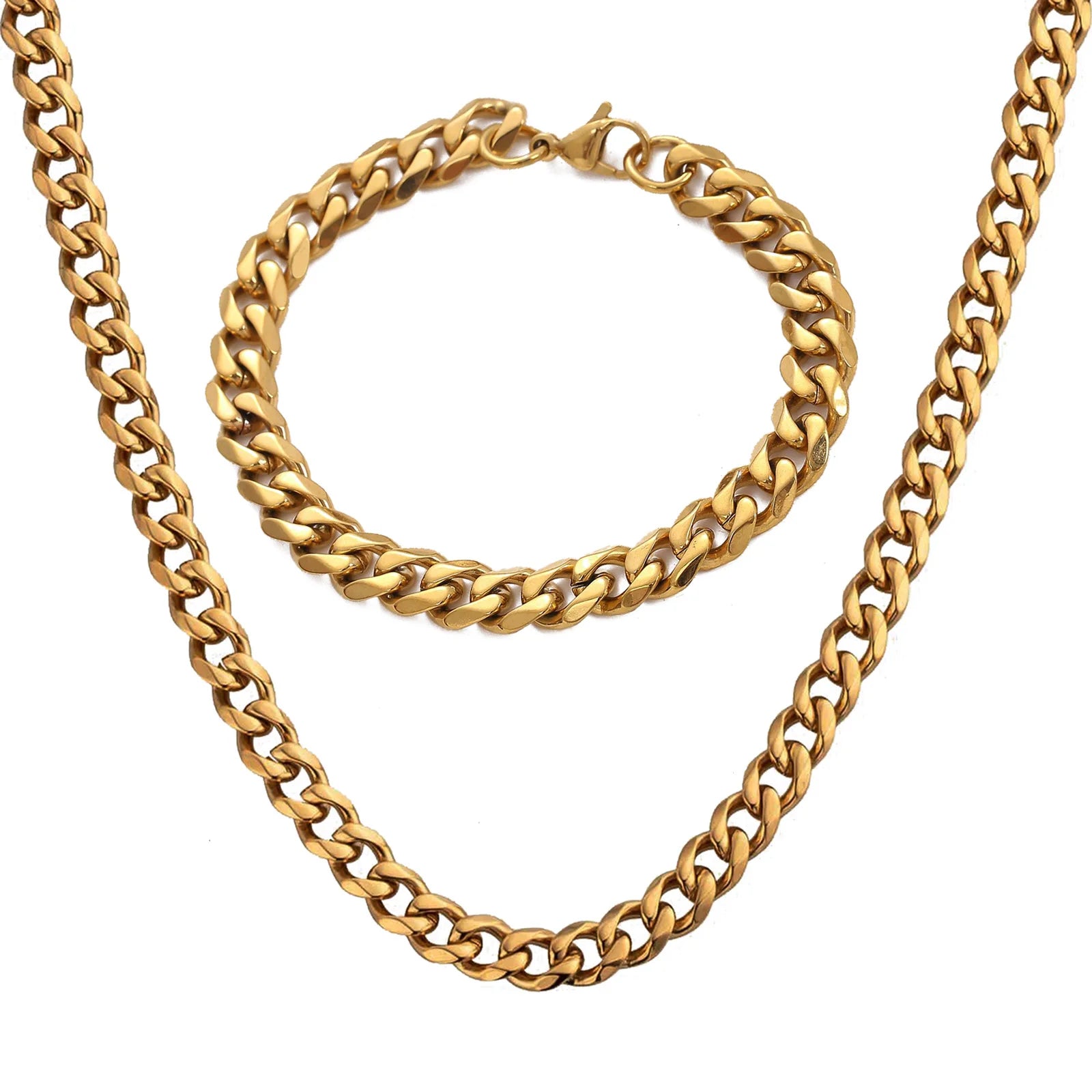 Minimalist Jewelry 18k Gold Plated Stainless Steel Chain Set Tarnish Free Water Proof Necklace and Bracelet Men Cuban Link Chain