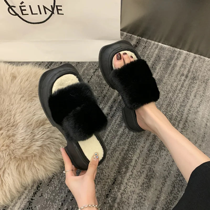 High Heels Platform Autumn and Winter New Wholesale Wear Home Wool slippers Women's Cotton slippers Black High-end