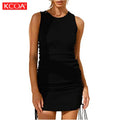 Wholesale Stocked Solid Color O-Neck Sleeveless Plus Pleated Woman Skirts