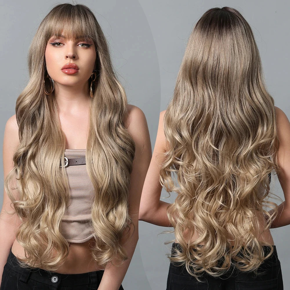 34 Inch Extra Long Heat Resistant Fiber Wig Golden Layered Large Wave Curly Synthetic Wig Curly Hair Matte High Density