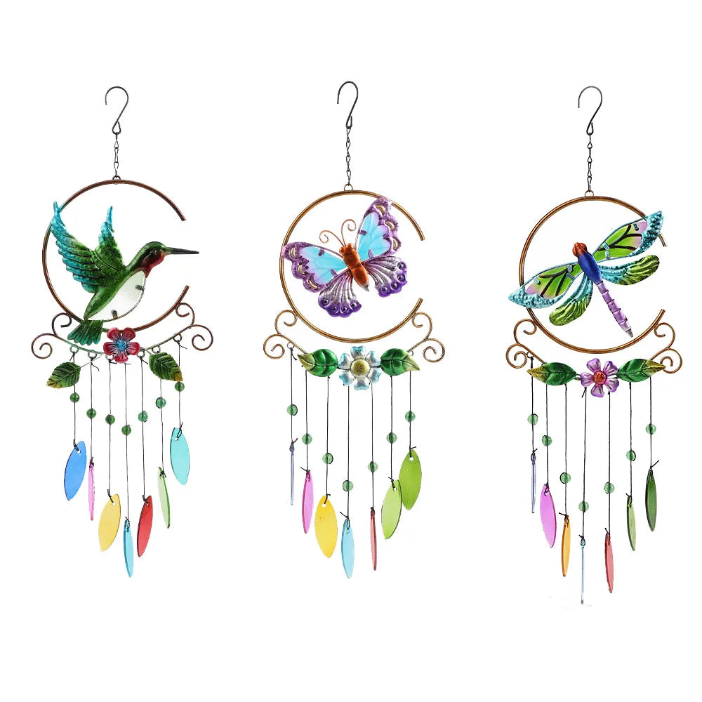New Arrivals Exquisite Hummingbird Metal Wind Chimes 7 Colors Glass Piece Pendant Creative Unique Iron Craft Hanging Decoration