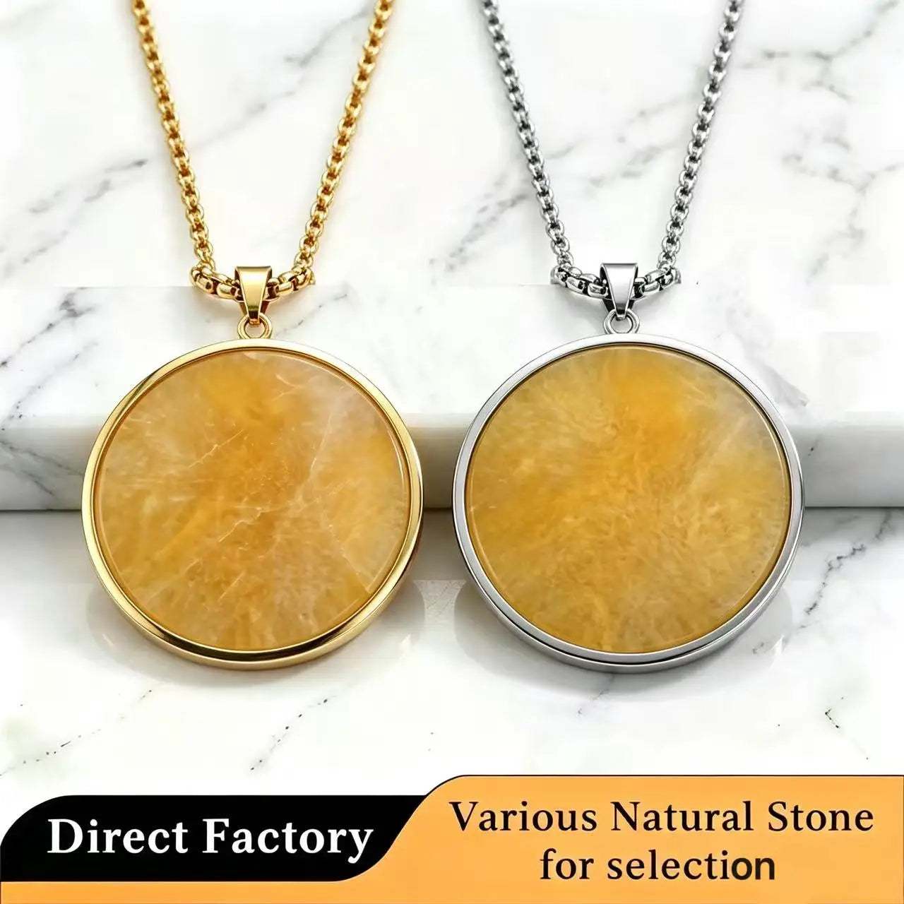 Natural Citrine Round Pendant Necklace 316L Stainless Steel Seamless Gemstone Tarnish Resistant Hypoallergenic Factory customize