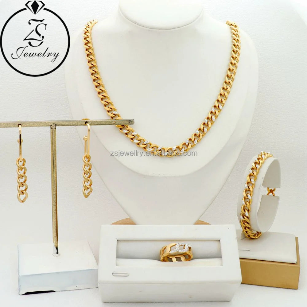 Heavy Design Stainless Steel Bracelet and Necklace Set Gold Plated Beads for Women Bride Wedding or Party Gift