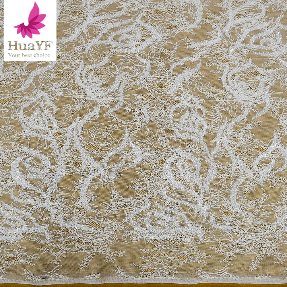 2023 White Lace Embroidered Sequins Beaded Bridal Dress Wholesale French Eyelash Lace HY2132