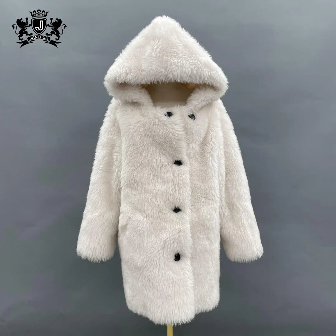 Janefur Long Fluffy Sheep Fur Coat Ladies Casual Shearling Wool Outwear Fashion Teddy  Fleece Jacket Woman