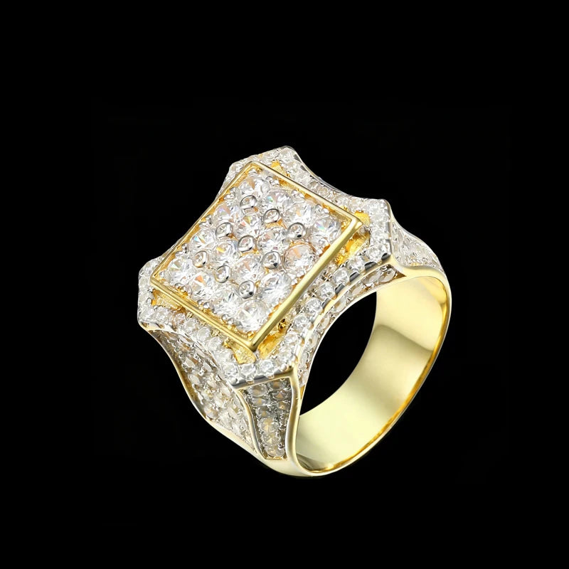18K Gold Plated Square CZ Paved Statement Iced Out Hip Hop Brass Men's Ring