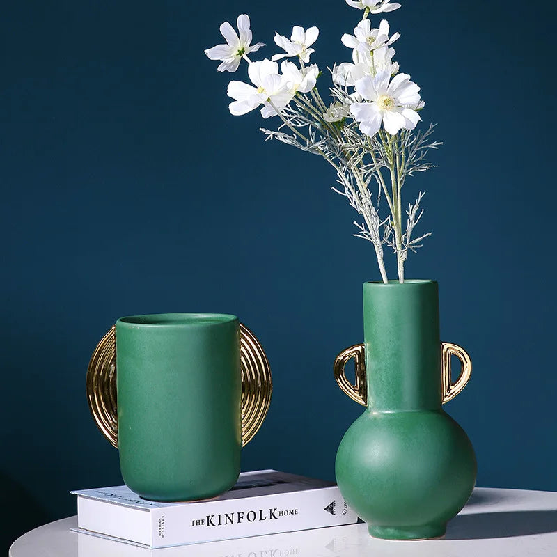 Factory Price Unique Geometric  Green Gold Ceramic Vase Modern Luxury Nordic Textured Ornament for Home Decor