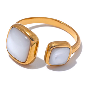 JINYOU 3424 Stylish Natural Shell Square Gold Color Ring for Women Exquisite Stainless Steel 18K PVD Plated Charm Finger Jewelry