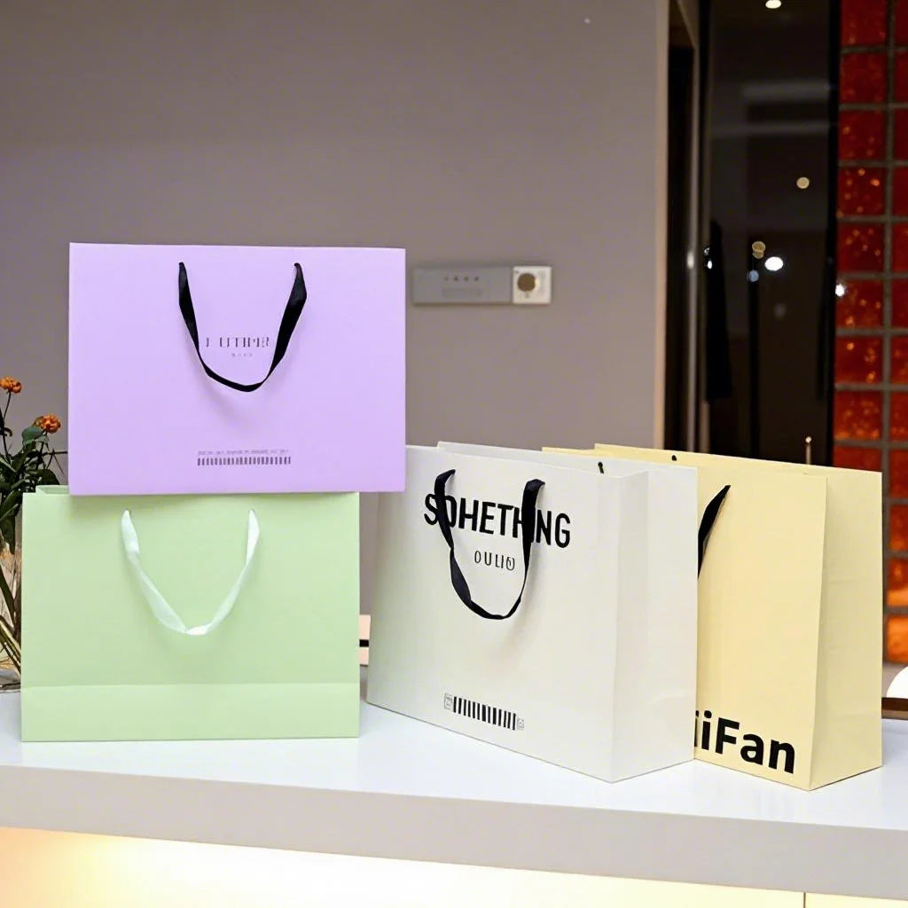 Recyclable Coated Paper Bags for Boutique Stores with Custom Logo Screen Printing Cotton Rope Handles-Luxury Design