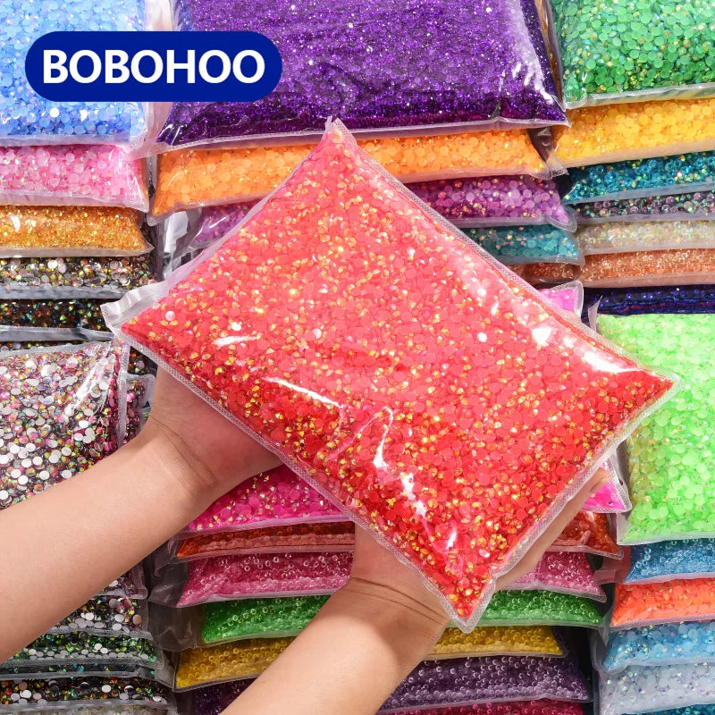 BOBOHOO Factory Wholesale Rhinestones 2mm-6mm Jelly Bottom Bulk Package Non Hotfix Resin Rhinestones for Clothing DIY A1