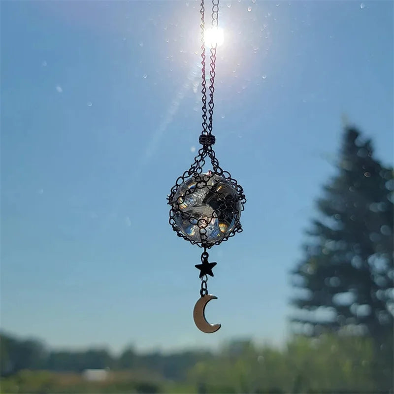 Wholesale Natural Crystal Gravels Pendant Healing Moon Sun Catcher Stainless Steel Chains Wire Wrapped Points Wand Reiki Hanger