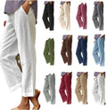 Cotton and Linen Women's Pants Loose Solid Elastic Waist Pocket Straight Leg Trousers Casual Tenths Pants Plus Size
