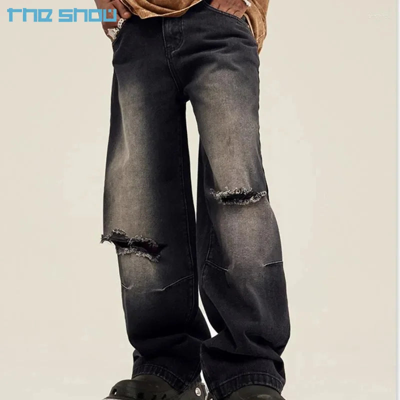 High Quality Fashion Men's Jeans Vintage Distressed Gradient Design High-end Loose Hole Monkey Wash Denim Wide Leg Pants