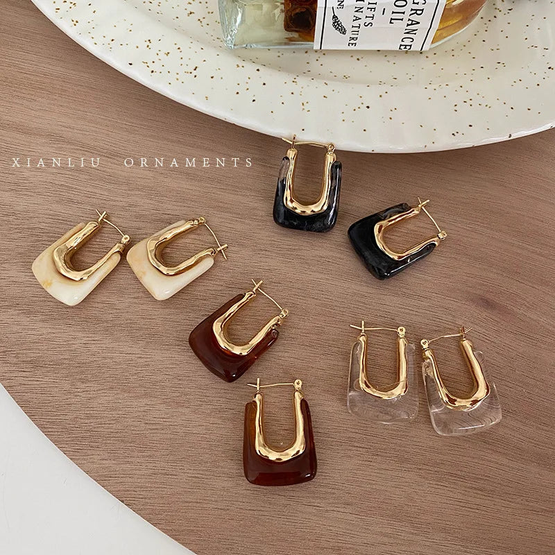 4 Colors Clear Resin Earrings Solid Acrylic Chunky Big Hoop Earrings for Women Square Vintage Gold Plated Jewelry