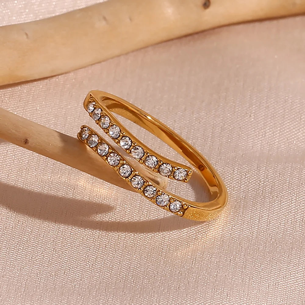 Dainty Adjustable Shinning Zircon Ring 18K Gold Plated Stainless Steel Rings Jewelry Women