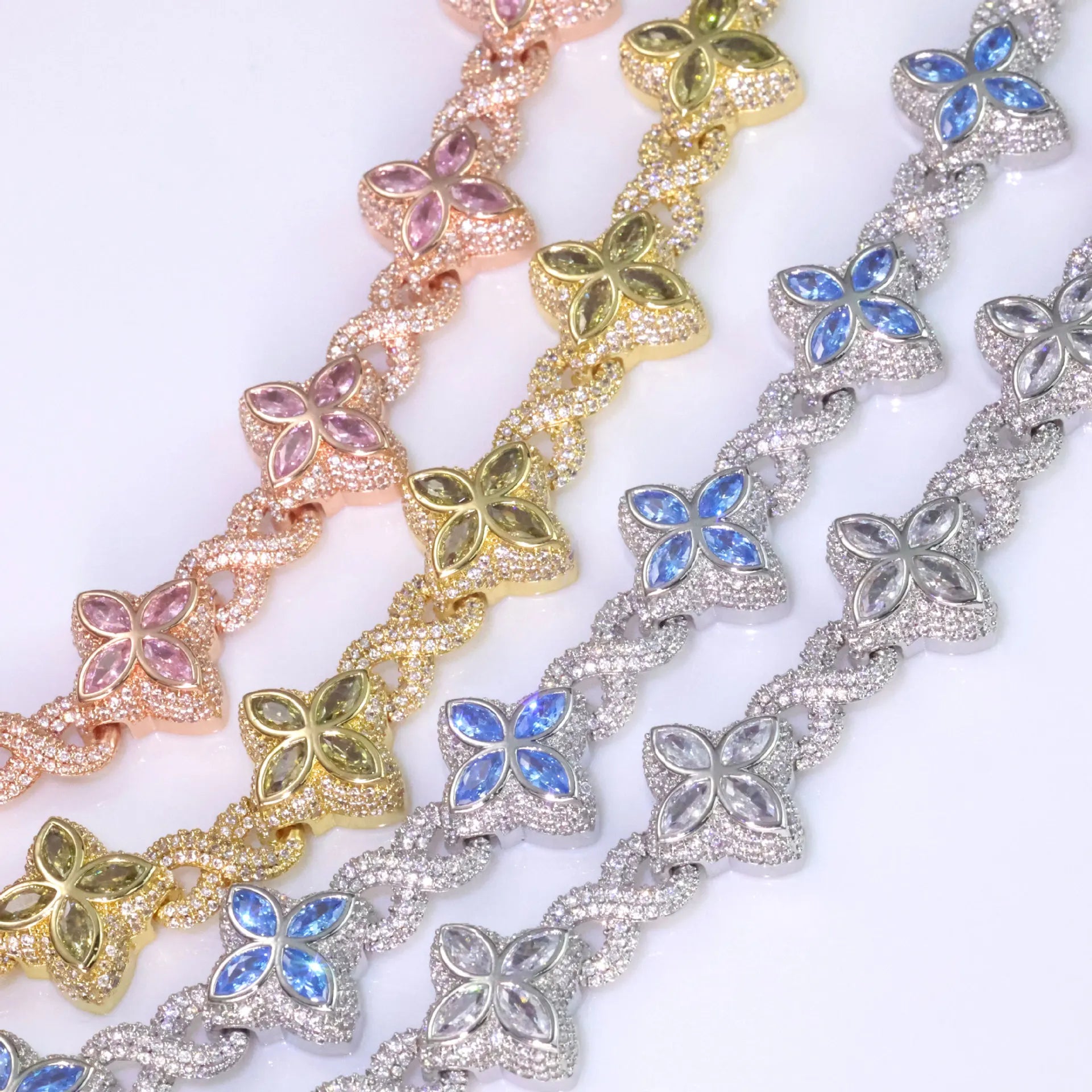 Veromca Hot Sales 8mm Hip-Hop Jewelry Colorful Four Leaf Clover Chain Copper Silver Plated   Zircon Chain Girl Woman Bracelet