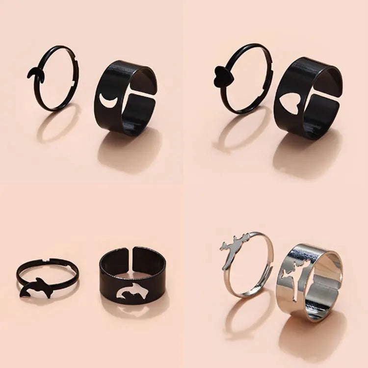 Thick Stackable Finger Ring Black Moon Dolphin Heart Knuckle Band Rings Creative 2pcs Matching Hollow Dinosaur Couple Rings Set